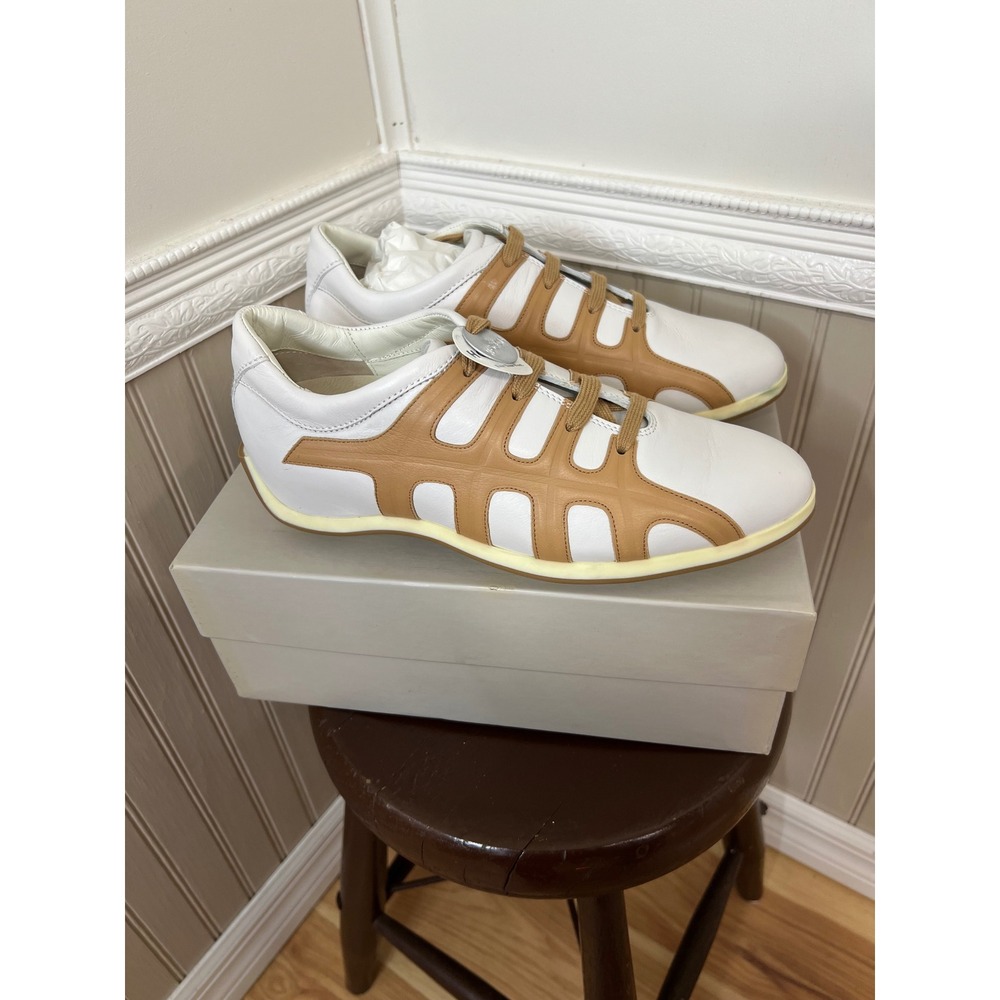 Hogan Side Web Laced White Tan Leather Sneakers HXW4011NP805 Size 37 Italy